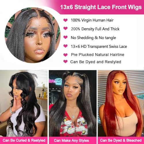13x6 Straight Lace Front Wigs Human Hair 32 Inch HD Transparent Lace Frontal Wigs Straight Human Hair Wig for Women 200% Density Glueless Wigs Human Hair Pre Plucked with Baby Hair Natural Black