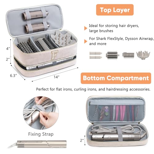 Initial Personalized Hair Tools Travel Bag Double-Layer Hair Dryer Case Compatible with Shark FlexStyle/SmoothStyle, Dysson Airwrap & Supersonic ? Hair Tool Organizer for Travel & Home