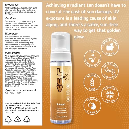 L-UV lit foam! Light sun kissed tan. Transparent and no color transfer foam with Vitamin C and E. Perfect for a natural and flawless looking tan.