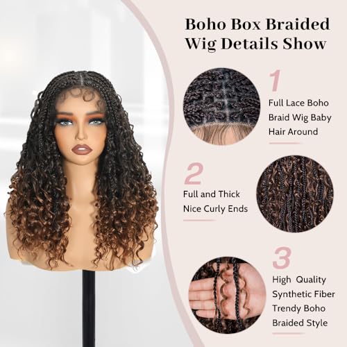 Short Boho Braided Wigs for Black Women Glueless Double Full HD Lace Human Hair Blended Braid Wig with Bohemian Curly Ends Goddess Boho Box Braids Wig (Dark Brown, 16 Inch)