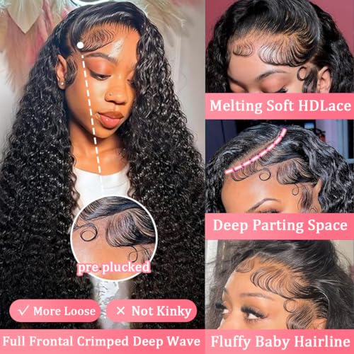13x6 Deep Wave Lace Front Wigs Human Hair Wigs for Women 200 Density HD Transparent Deep Curly Lace Frontal Wigs Human Hair Pre Plucked with Baby Hair Natural Color 24 Inch