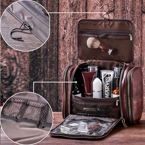 Toiletry Bag For Men, Genuine Leather Toiletries Organizer, Large Travel Hanging Toiletry Bag Water-resistant Bathroom Shaving Kit for Cosmetics, Makeup Case Travel Dopp Kit