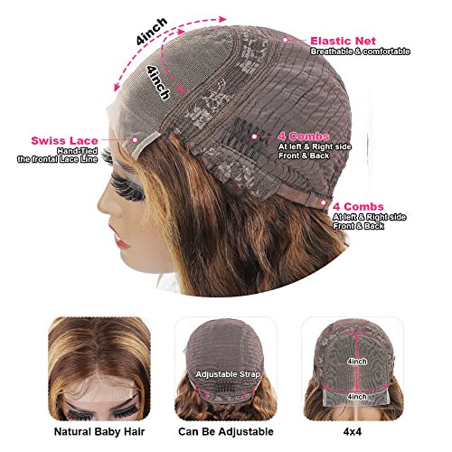 Ombre Highlight Lace Front Wig Human Hair Pre Plucked 4x4 HD Lace Closure Wigs with Baby Hair, 150% Density 4/27 Colored Honey Blonde Straight Lace Front Wigs Human Hair Wigs for Women 20 Inch