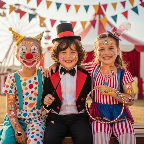 Circus Temporary Tattoos - Animal Clown Magical Circus Birthday Decorations Carnival Party Favors Supplies Gift Idea Holiday Festival For Boy Girls Carnival Party Decorations