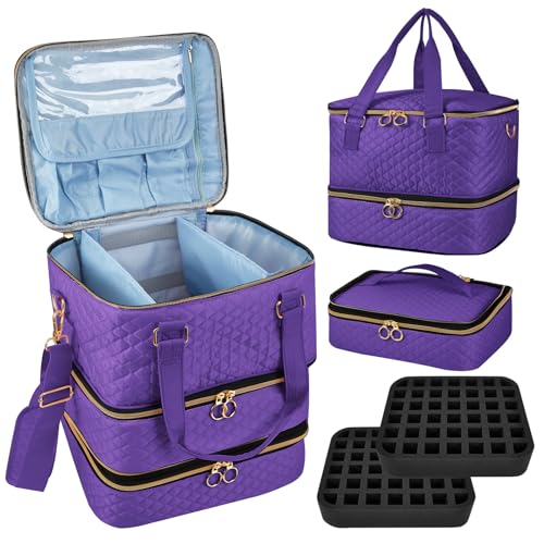Nail Polish Organizer Case - Three Layer Nail Polish Storage Bag with Adjustable Dividers Holds 84 Bottles Nail Polish Nail Lamp Nail Kit Supplies Organizer Box - Purple