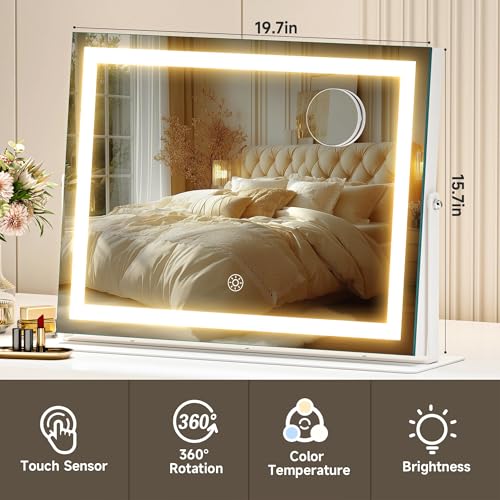 Hasipu Vanity Mirror with Lights, 19.6" x 15.7" LED Makeup Mirror, 3 Color Modes Touch Control and Brightness Adjustment Lighting Mirror, 10X Magnifying Glass, 360¡Æ Rotation