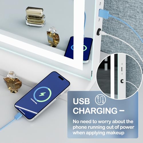 Makeup Vanity Mirror with USB Charging Port 32" x 24" Large LED Makeup Mirror, Desk Mirorr with Lights, Light up Mirror with 10X Magnification and, Dimmable 3 Modes, Touch Screen Control