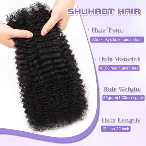 Afro Kinkys Bulk Human Hair For Braiding Soft 4c Afro Kinky-Curly Human Hair For Mini Twists,Dreadlocks Extensions,Repair Locs,Micro Locs Extension,Human Braiding Hair 18inch(1B,35g/pack)