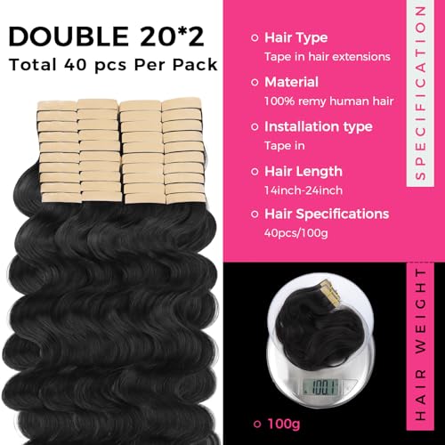 Lashey Human Hair Tape in Hair Extensions 40pcs 100g Natural Black Body Wave Real Human Hair 24 Inch Long Hair Skin-Weft Tape in Hair Extensions for Women