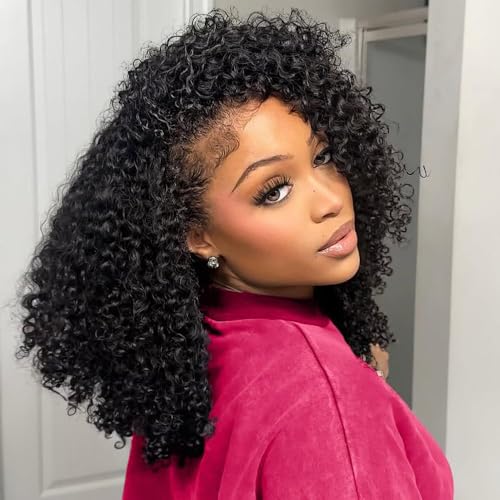 Half Wig Human Hair 200% Density 3 In 1 Seamless Flip Over headband wig human hair Glueless Wear and Go Beginner Friendly Kinky curly human hair wig Drawstring Headband Wig for Women 18inch
