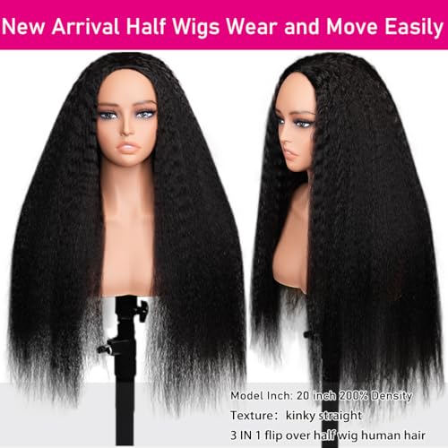 Kinky Straight Half Wig Human Hair 200 Density 3 In 1 Seamless Flip Over Half Wigs Human Hair Glueless Wear and Go Beginner Friendly Kinky Straight Human Hair Drawstring Headband Wig for Women 20 Inch