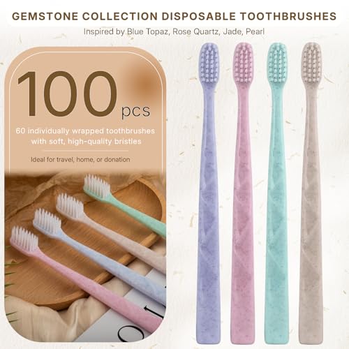 100 Pack Premium Disposable Toothbrush with Tongue Scraper ? Individually Wrapped Bulk Travel Toothbrushes, Soft Bristles for Guests, Hotel, Vacation Rental, Home & On The Go,4 Colors