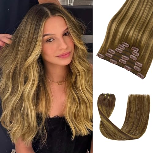LOVELINE Clip in Hair Extensions Real Human Hair, 100% Remy Human Hair Extensions Clip Ins for Women, 7Pcs 22Inch 120g, Balayage Chocolate Brown to Caramel Blonde