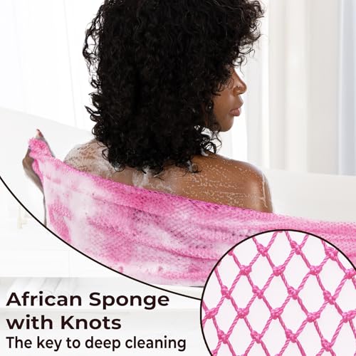African Exfoliating Net Sponge Authentic - Real African Bath Sponge with Knots and Ropes - Back Scrubber Exfoliator Washer Cloth with Travel Bag - Body Shower Skin Care Essentials for Daily Use
