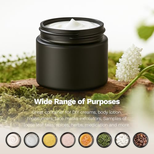 2 oz Glass Jars with Lids, Bumobum 48 pack Black Cream Jars with Black Lids, Black and White Labels & Inner Liners, Empty Cosmetic Containers for Cream, Lotion, Ointment