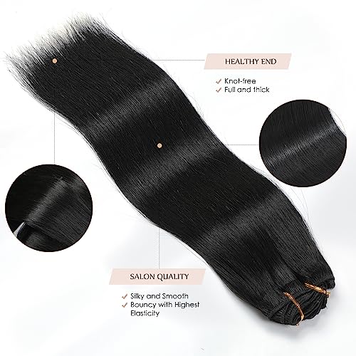 Sisily Clip in Hair Extensions Real Human Hair, 24 inch 180g, Jet Black, 100% Brazilian Remy Human Hair Clip in Extensions Soft Straight 7pcs Per Set with 16 Clips Double Weft