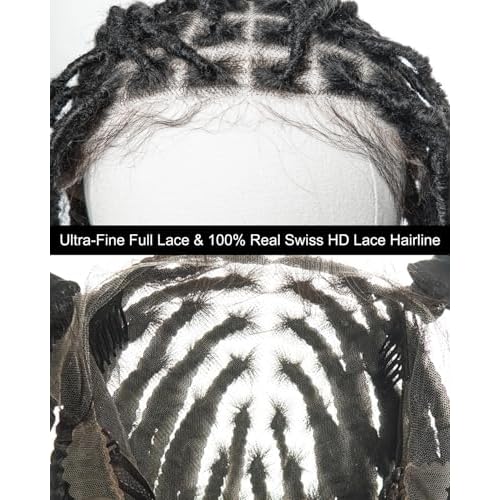 24" Swiss HD Lace Knotless Locs Wig for Black Women/Men - Glueless Pre-Plucked Fauxlock Wig with Human Hair Baby Hair, Pre Cut Full Lace (Black 1B/Brown) - Salon-Level Quality - Medium Cap Size
