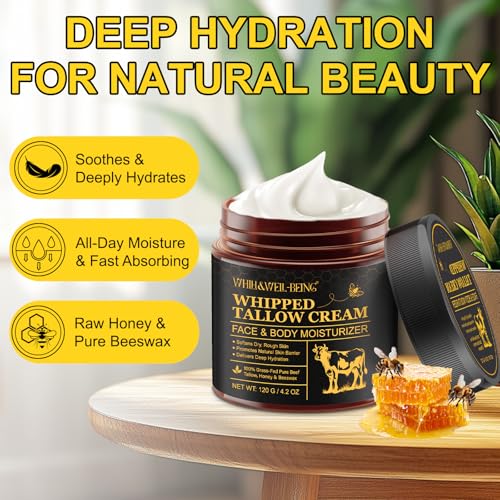 WHLH & WELL-BEING Beef Tallow for Skin, Beef Tallow and Honey Balm, Moisturizer for Face & Body Skin Care(1Pack) 119g