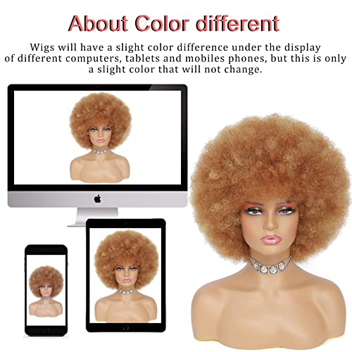 Afro Wig - Soft 70s Afro Wig For Women Blonde Afro Kinky Curly Hair Wigs With Bangs Ash Blonde Short Curly Wig For Men Bouncy Afro Puff Synthetic Hair Afro Wig For Daily Party Use