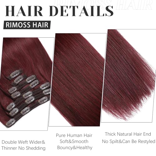 Clip in Hair Extensions Real Human Hair - 170g 22 Inch 7pcs, Burgundy Red Color - Premium Soft Human Hair Clip in Extensions Straight Double Weft for Women (#99J 22 Inch)