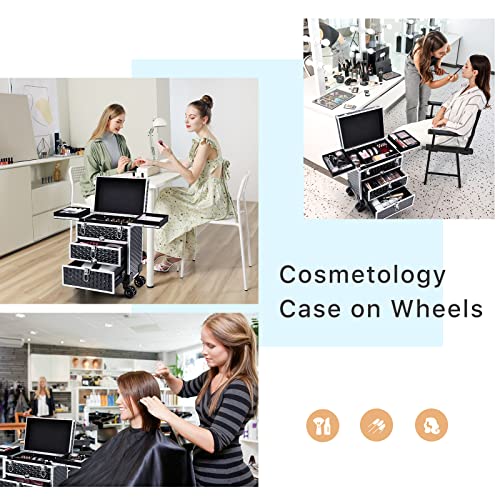 FRENESSA Professional Rolling Makeup Case Aluminum Trolley Train Case with 360¡Æ Swivel Wheels for Makuep Artist Travel Cosmetic Organizer with Sliding Drawers for Nail Tech Hairstylist Barber, Black