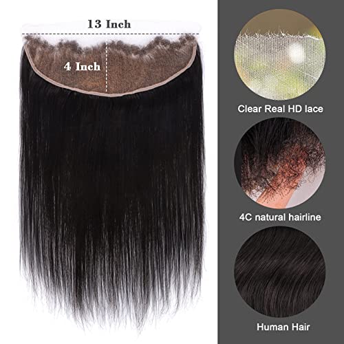 MYSHINYWIGS 13x4 Real HD Lace Frontal, Melt Hd Frontal Closure with Natural 4C Baby Hair Pre Bleached Knots Straight Hd Frontal Pre Plucked Frontal Human Hair Clean Hairline Frontal Closure 18 Inch