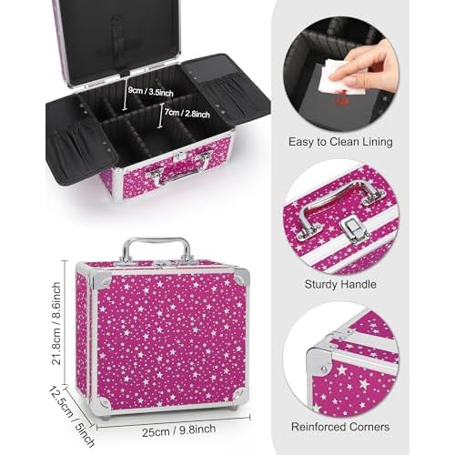 Relavel Makeup Bag with LED Mirror, Makeup Box Travel Train Case with Rechargeable Lighted Mirror, Cosmetic Brush Organizer Storage for Makeup Artists Gifts for Women and Girls, Hot Pink Shining Star