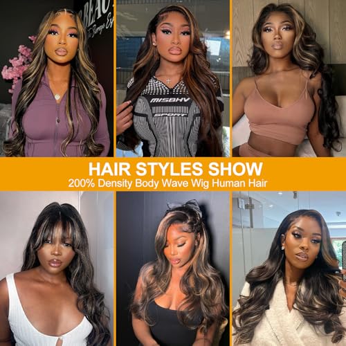 Ombre Body Wave Lace Front Wig Human Hair13x4 FB30 Highlight Lace Front Wig Human Hair 200% Density Balayage wig Human Hair Pre Plucked hd Transparent Lace Blonde Wig 24 INCH