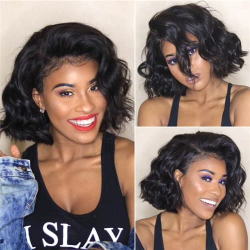 HD Invisible Human Hair 13X6 Lace Front Wigs Deep Side Parting Short Curly Brazilian Remy Hair Glueless Wigs HD Transparent Lace Short Bob Deep Wave Human Wigs 150% Density 10Inch