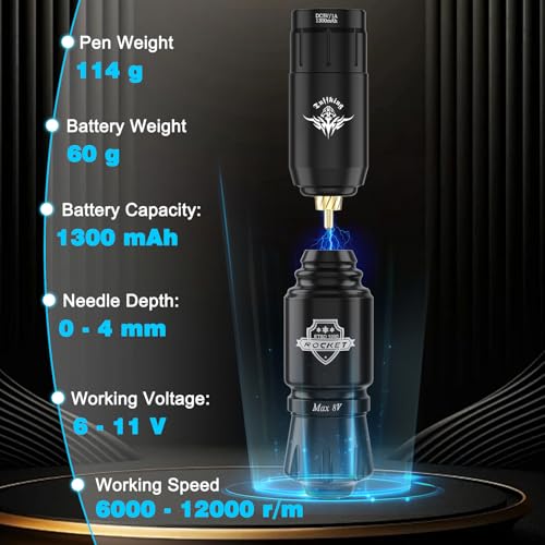 Tattoo Gun Kit for Beginners Complete Set, Rotary Wireless Tattoo Pen Kit, Complete Tattoo Supplies Set for Beginners, with 1300 mAH Power Supply, 10Pcs Catridges Needles (Battery-I-45Pcs)