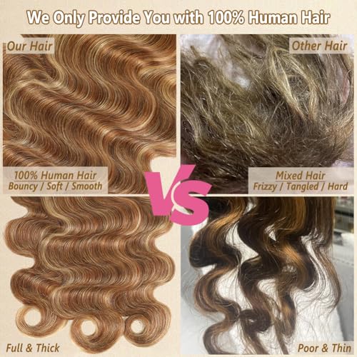 Seekomi Ombre Highlight Body Wave Bundles Human Hair 18 20 22 Inch 12A 100% Virgin 4/27 Colored Brown and Blonde 3 Bundles Human Hair Double Weft Quick Weave for Women, 300g