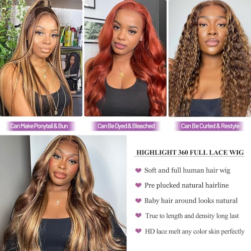 Ombre Honey Blonde 360 Lace Front Wigs Human Hair Drawstring Highlight Body Wave Lace Front Wigs Human Hair Pre Plucked 360 HD Full Lace Wig 180 Density Frontal Glueless Wigs for Women 28 Inch