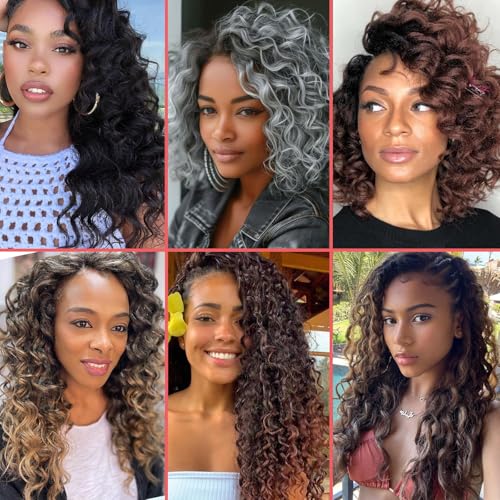 Leeven 14 Inch Pre Looped Ocean Wave Crochet Braids 8 Packs Black Short Curly Crochet Hair Boho Ocean Braids Pre Twisted Synthetic Deep Wavy Crochet Hair for Women