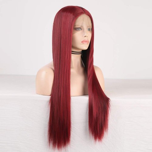RDY Wine Red Wig Long Silky Straight Burgundy Synthetic Lace Front Wig for Women Cosplay Wig with Pastel Heat Friendly Fiber Glueless Wig Half Hand Tied Frontal Lace Wigs with Natural Hairline 20 Inch