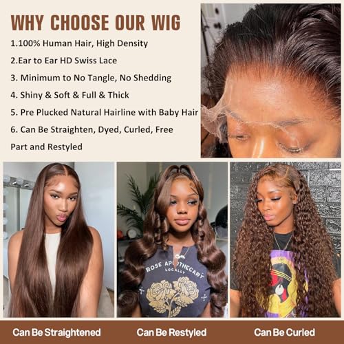 Chocolate Brown Human Hair Wig 26 Inch Brown Wig Human Hair 200 Density Body Wave Lace Front Wigs human hair Pre Plucked 13X4 HD Frontal Wig 4# Colored Glueless Wigs