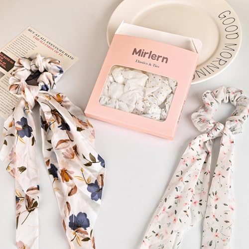 4-Piece Satin Hair Scarf Scrunchies for Women Girls, No Damage Cute Hair Ties with Bow Ribbons Ponytail Holders Elastic Rubber Bands (White Flower)