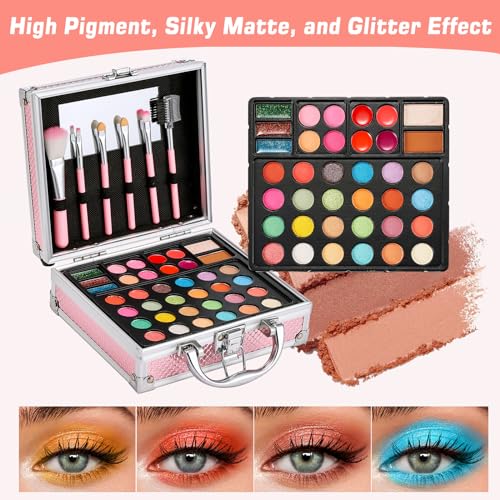 Anpro All-In-One Makeup Carry Case with Pro Teen Makeup Set, Full Starter Cosmetics Kit with Makeup Brushes, Eye Shadows Palette, Blushes, Glitter Gel, Temporary Tattoo Stickers - Blue, Style04