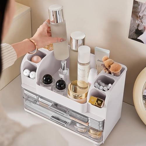 Makeup Organizer with Drawers for Vanity,Bathroom Countertop Organizer with Brushes Holder,Skincare Storage Organizer,Perfect Cosmetic Display Case for Skincare,Lipstick and Beauty Essential (White)