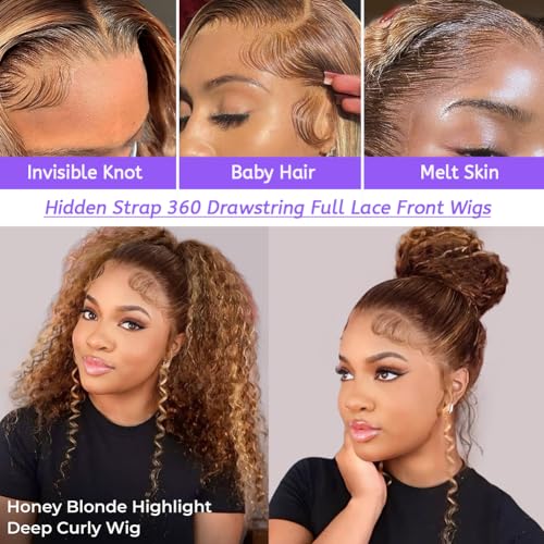 Ombre Honey Blonde 360 Lace Front Wigs Human Hair Invisi Strap Highlight Deep Wave Lace Front Wigs Human Hair 180 Density 360 HD Frontal Glueless Wigs Pre Plucked for Women 28 Inch
