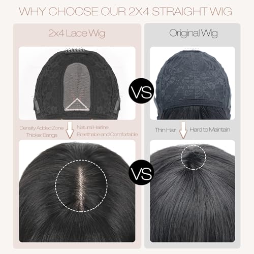 Straight Human Hair Wigs with Bangs 2x4 Lace Closure Wigs Human Hair 180% Density Drawstring Glueless Wigs Human Hair for Women Lace Front Wigs Human Hair Natural Black 18inch.