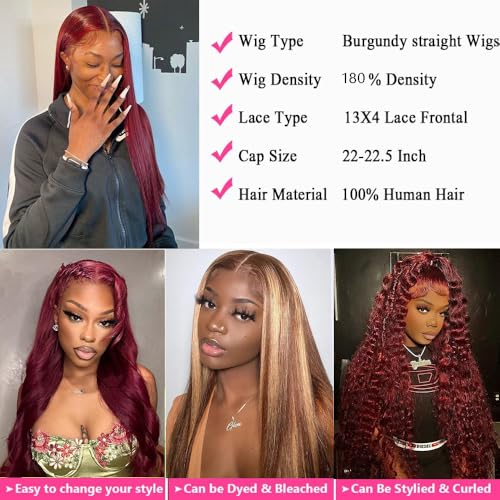 34 Inch Burgundy Wig Human Hair 180% Density 13x4 99J Burgundy Lace Front Wigs Human Hair Pre Plucked Wine Red Colored Straight Lace Front Wigs Red Wigs Lace Frontal Wigs for Black Women