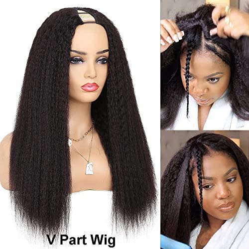 V Part Wig Human Hair Wigs for Black Women Kinky Straight V Part Wig 12A Virgin Hair Half Wigs for Women No Lace Upgrade U Part Human Hair Wigs Full Head Clip in Half Wig V Shape Wigs (24 inch)