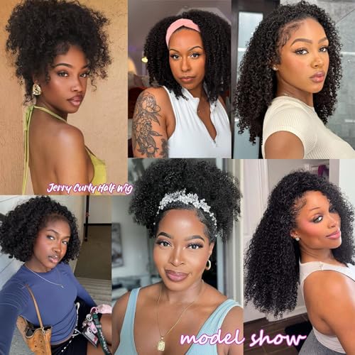 22 Inch Half Wig Human Hair 200% Density Jerry Curly Half Wig 3 In 1 Seamless Flip Over Glueless Wigs Human Hair with Drawstring Beginner Friendly Curly Headband Wig Human Hair for Women Daily Wear