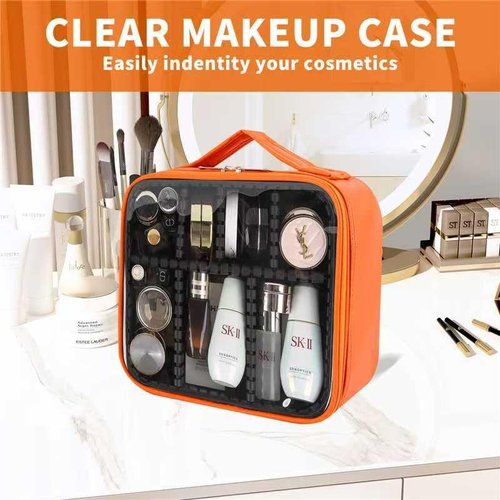 Furita Clear Makeup Bag 10.6X3.7X8.7 inch Travel Cosmetic Organizer Case for Women with Handle and Detachable Dividers, Portable Waterproof Makeup Bag, Gift for Women, Gift for Girls, Orange
