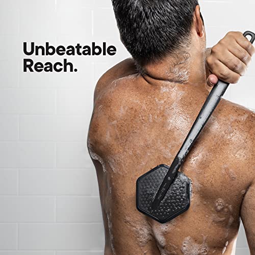 TOOLETRIES Silicone Back Scrubber with Hook - Exfoliating Shower Brush, Back Washer for Men, Durable Back Brush with Long Handle - Long Lasting Bath & Shower Accessories - Charcoal