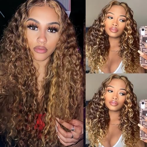NVL Lace Front Wigs Human Pre Plucked with Baby Hair 200 Density 13x4 HD Transparent Straight Lace Front Wigs for Women Human Hair Glueless (4/27 highlight deep wave lace front wig, 26 Inch)
