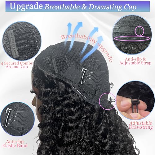 Half Wig Human Hair Deep Wave 3 In 1 Drawstring Seamless Filp Over Curly Half Wig 200% Density Wear and Go Glueless Half Wigs for Black Women Natural Color 20 Inch