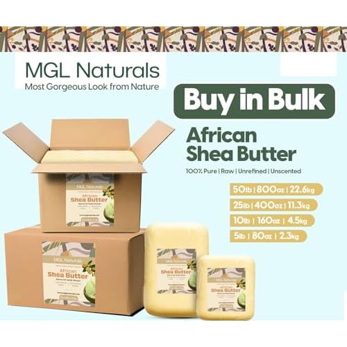 MGL Naturals Raw African Shea Butter Ivory 10 lb, 100% Pure and Unrefined. Nourish and moisturize skin and hair. Use alone or DIY recipes. From Ghana, West Africa. (10 lb)