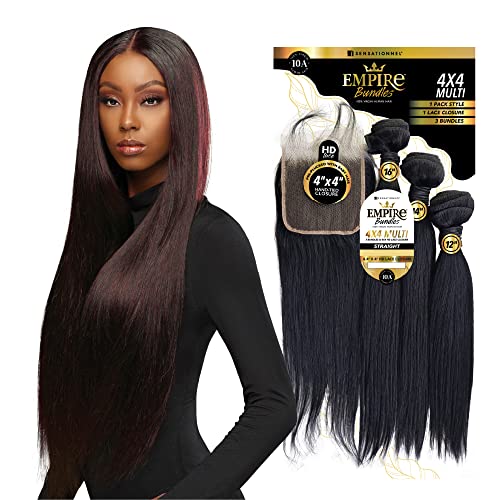 Sensationnel Empire bundles multi - straight with 4x4 closure 10a tangle shed free human hair for weaving and sew in styles (18 20 22 Inch, NATURAL/BLACK)