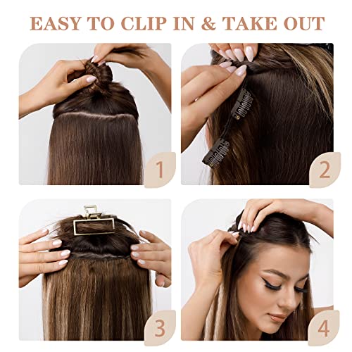 S-noilite Clip in Hair Extensions Real Human Hair 20 Inch Balayage Dark Brown Mixed Chestnut Brown 7pcs 120g Double Weft Thick Silky Seamless Remy Clip in Hair Extensions-#(T2/6)/2